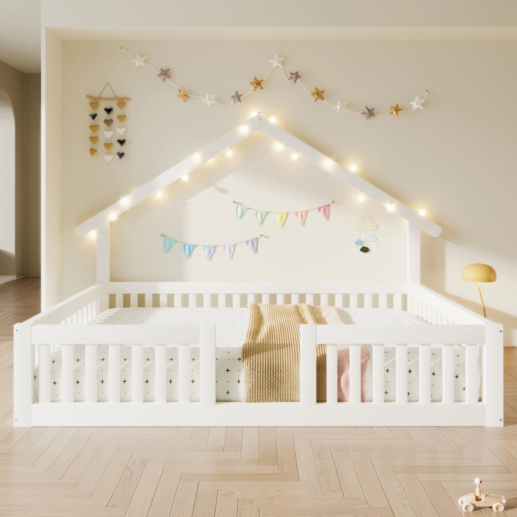 Letto a casetta per bambini 140x200 cm con barriera di sicurezza e luci LED, bianco