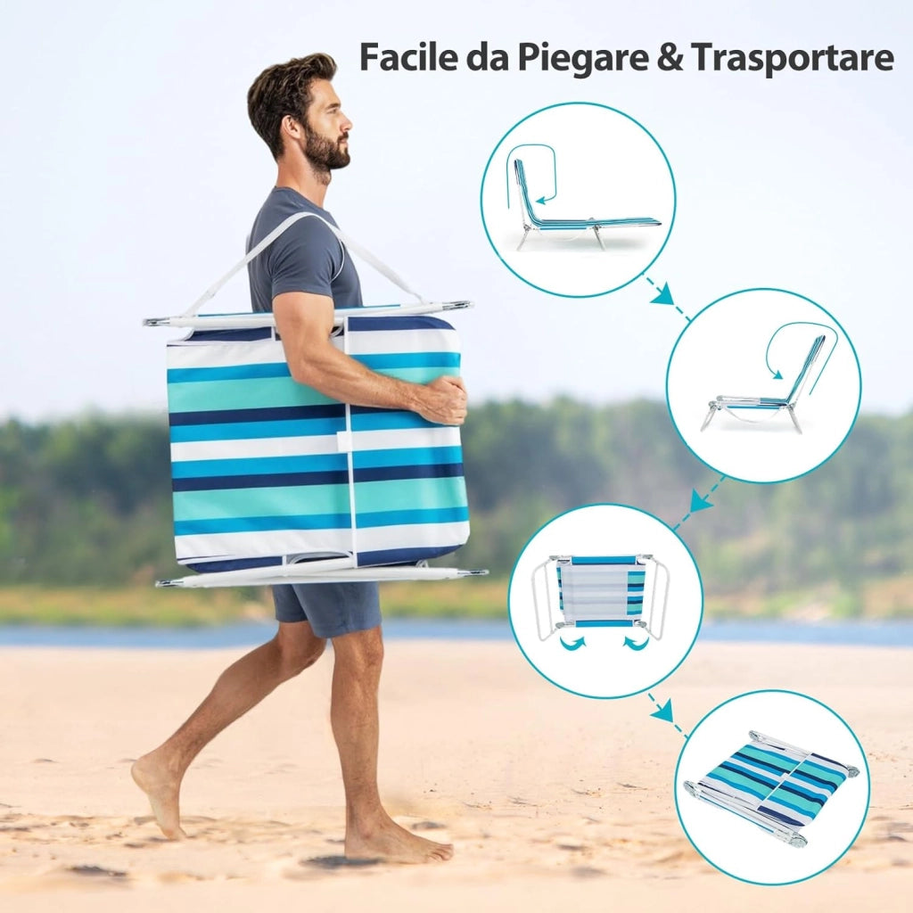 Set di 2 Lettino da Spiaggia Pieghevole, Sedia Reclinabile da Spiaggia a 5 Posizioni con Cinghia, Sedia a Sdraio Portatile da Campeggio Patio, Portata 150 kg (A Righe)