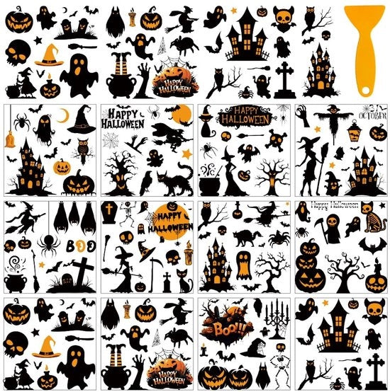 Sticker trasferibili Halloween - 12 fogli - Zucca/Erba - Strega/Scrosciare - Sticker per mobili - 5,5 x 5,5 cm - Attività manuali - Sticker decorativi