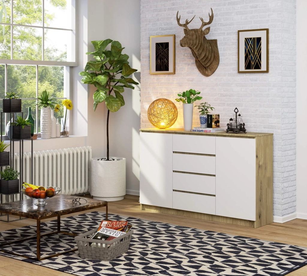 Cassettiera AKORD K160 Quercia Artisan 160 cm 2 ante 4 cassetti inserto frontale Bianco 160x40x99 cm