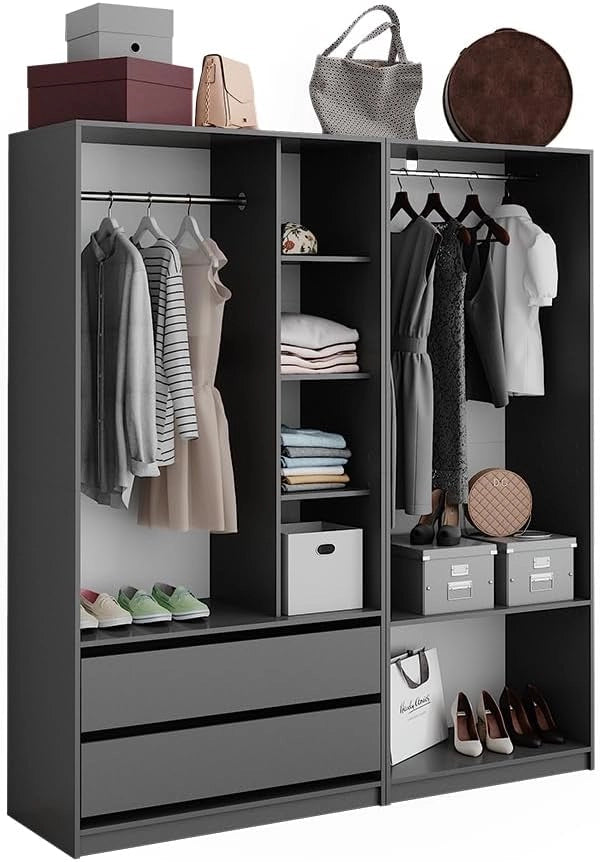 Armadio Elmo, Antracite, 180 x 200 cm Set di 2, per una conservazione flessibile di diversi capi di abbigliamento