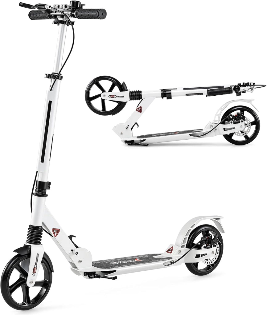 Monopattino Bambini e Adulti, Monopattino a Spinta Pieghevole e Regolabile in 3 Altezze, Monopattino Portatile con 2 Ruote, Cavalletto, Freno e Pedale Antiscivolo, Portata 100 kg