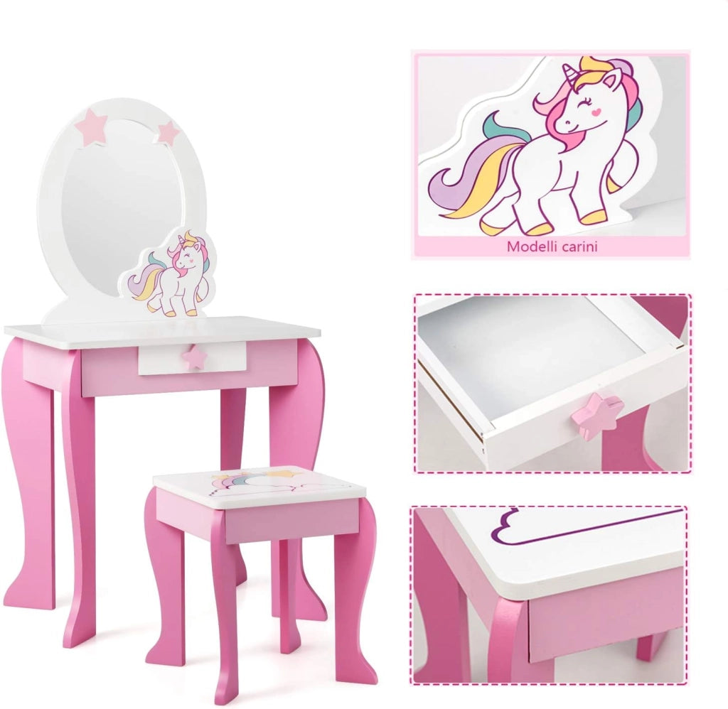 Set di Specchiera e Sgabello per Bambini, Tavolo da Trucco Giocattolo in Legno con Cassetto, Ideale Regalo per Ragazze di 3-7 Anni, con Portata di 15kg, 49x35,5x89cm (Rosa)