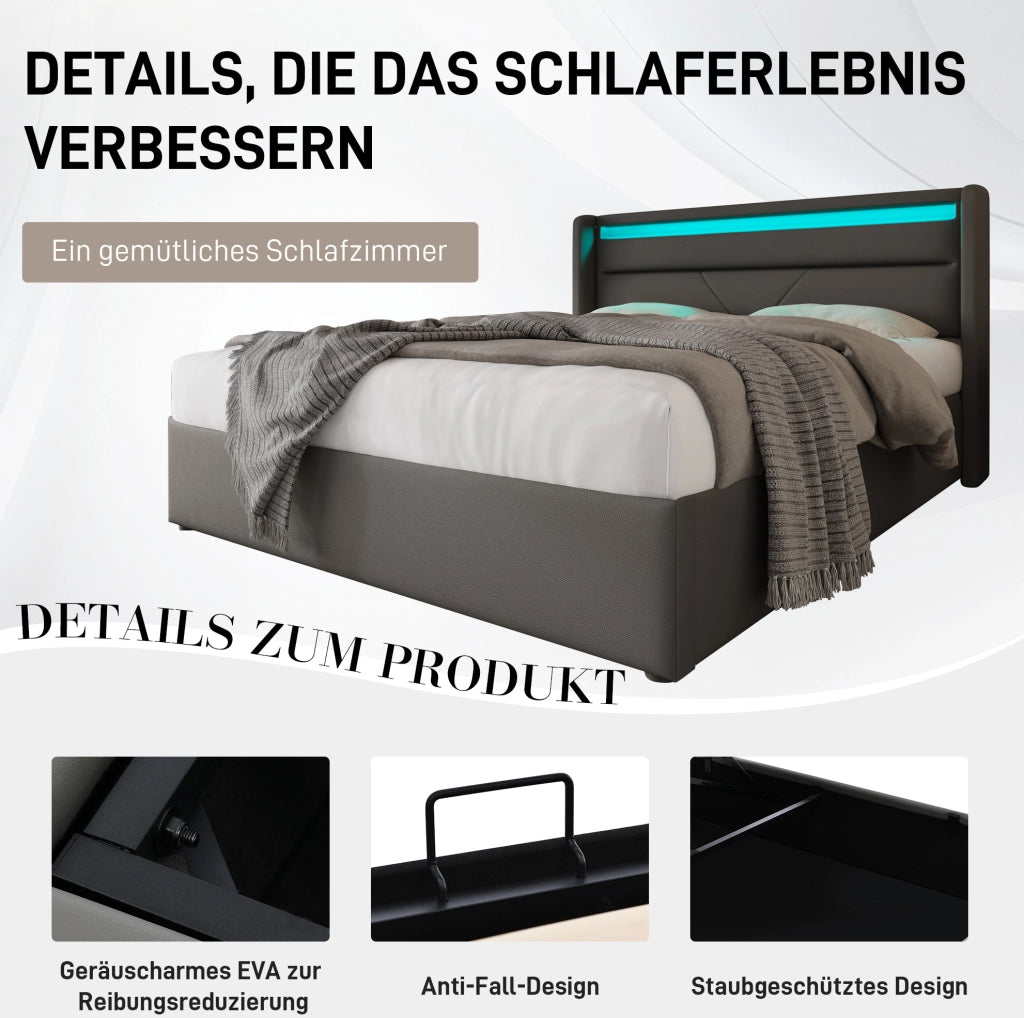 Letto contenitore matrimoniale 160x200 cm in PU con LED e telecomando; grigio