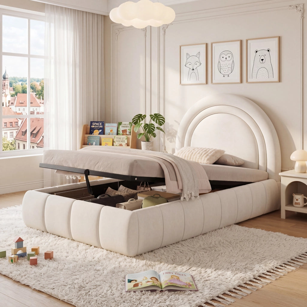 LETTO Contenitore per bambini 90x200 cm in velluto beige con rete a doghe