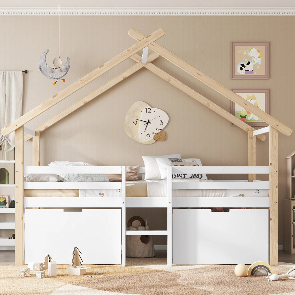Letto a casa per bambini bianco e naturale in legno massello e MDF con funzione contenitore 90x200 cm
