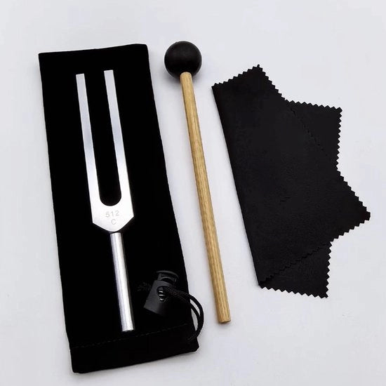 Set di forchette per stelo - Le forchette per stelo sono ideali per la guarigione, i chakra, la terapia del suono e il mantenimento di una perfetta armonia dello spirito - Set da 512C in argento zavorrato + martello di risonanza + asciugamano di pulizia