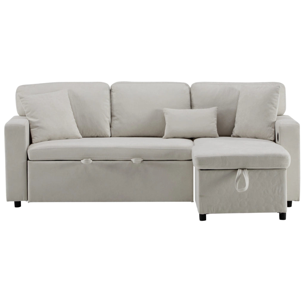 Divano letto angolare 3 posti con chaise longue reversibile; USB e contenitore; beige