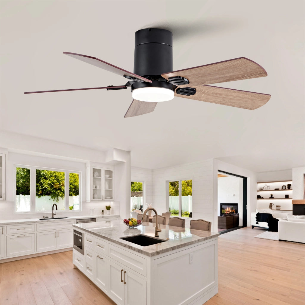 Ventilatore da soffitto a filo con luce dimmerabile e telecomando, motore DC reversibile nero e noce scuro