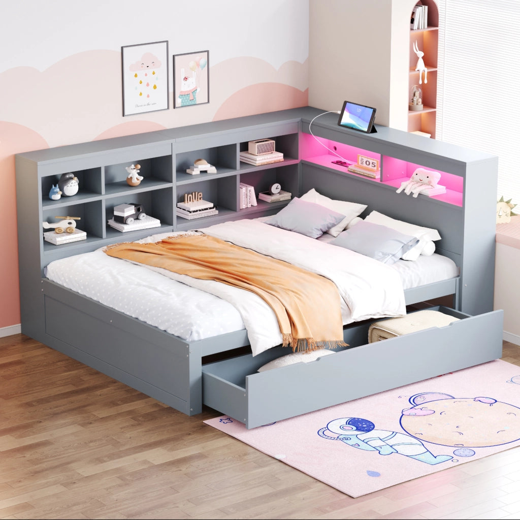 OKWISH Letto Divano 140×200 cm, Letto Matrimoniale con 2 Cassetti Grandi, USB, LED Regolabile e Mensole, senza Materasso, Legno, Grigio