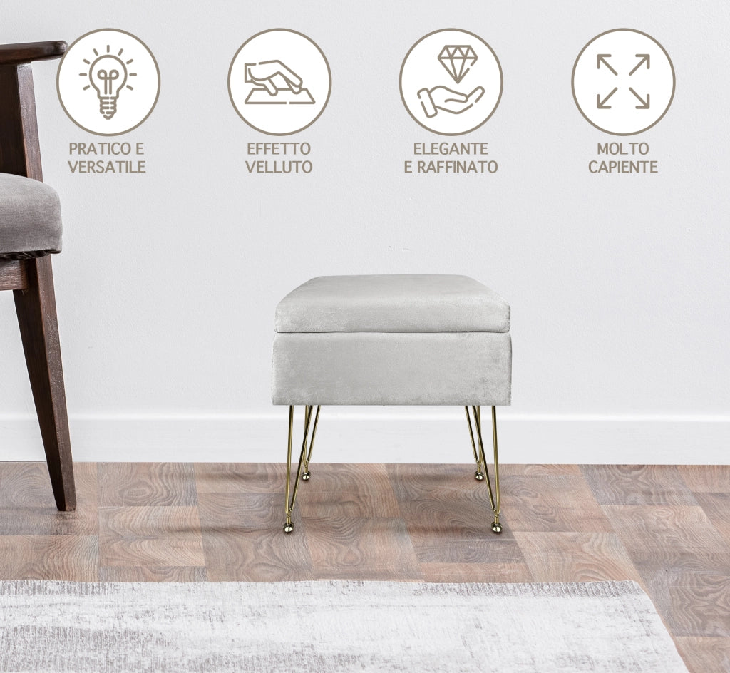 Pouf Panca Imbottita Divanetto In Velluto Contenitore PortaOggetti Panca Sgabello A Pie Di Letto Con Gambe In Metallo Dorato Cassapanca Scarpiera Ingresso Legno Massello Panchina  - Grigio chiaro