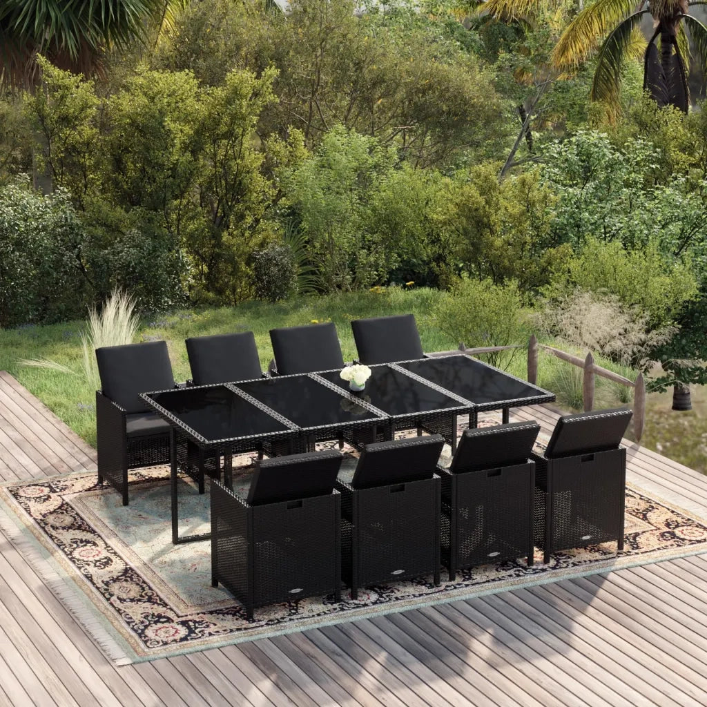 Set da Pranzo da Giardino 9 pz con Cuscini Nero in Polyrattan 3095558