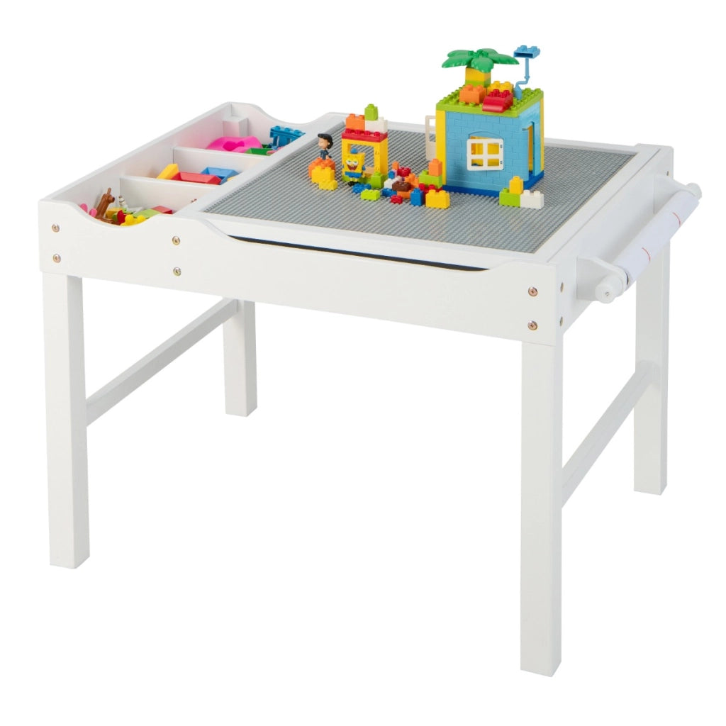Tavolo multiattivit¨¤ bambini con piano reversibile porta rotolo di carta da disegno, Tavolo costruzioni Bianco-Tavoli e sedie