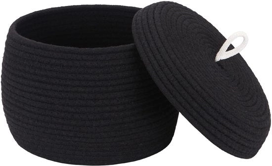 Organizzatore rotondo in tessuto di canapa con coperchio - Multifunzionale per snack, asciugamani e altro - Ideale per la casa, 25 x 19 cm (piccolo, nero)