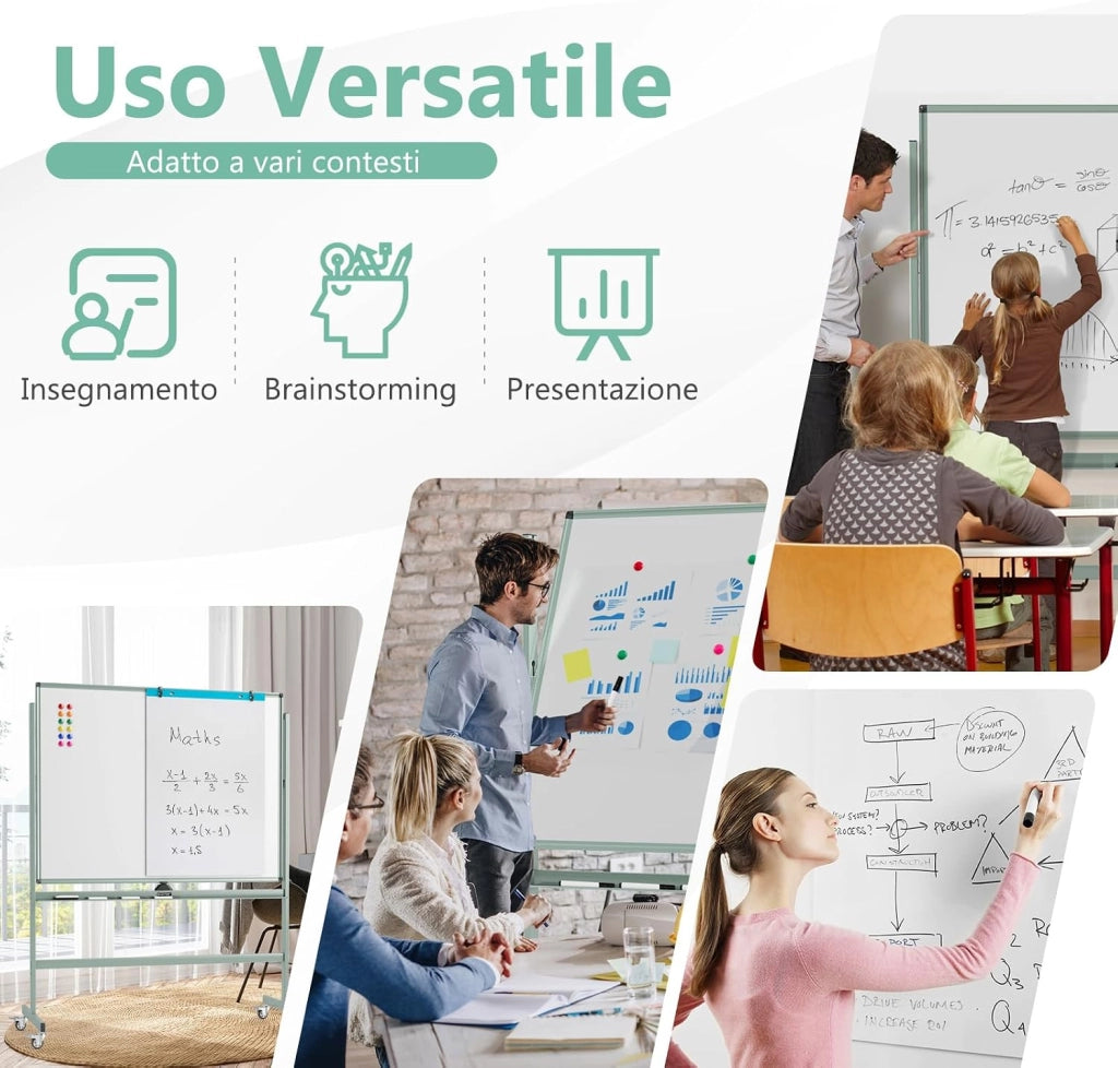 Lavagna Bianca Magnetica Doppia, Lavagna Bianca Regolabile in Altezza e Ruote Bloccabili, 6 Pennarelli, 12 Calamite e 1 Cancellino, Ideale per Scuola, 126 x 53,5 x 160-180 cm (Verde)