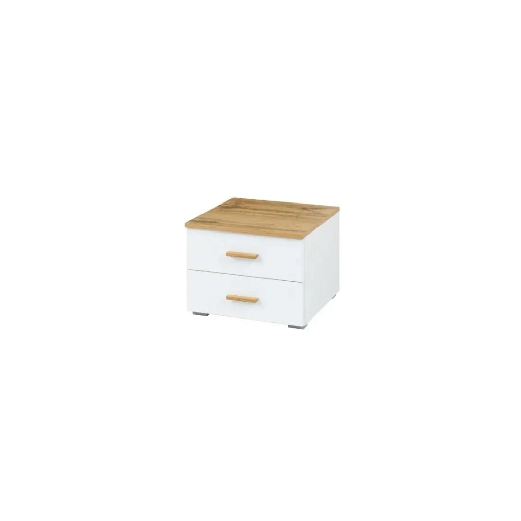 Pack letto contenitore WOOD 180 x 200 cm con 2 comodini – Bianco e quercia – Set camera da letto moderna