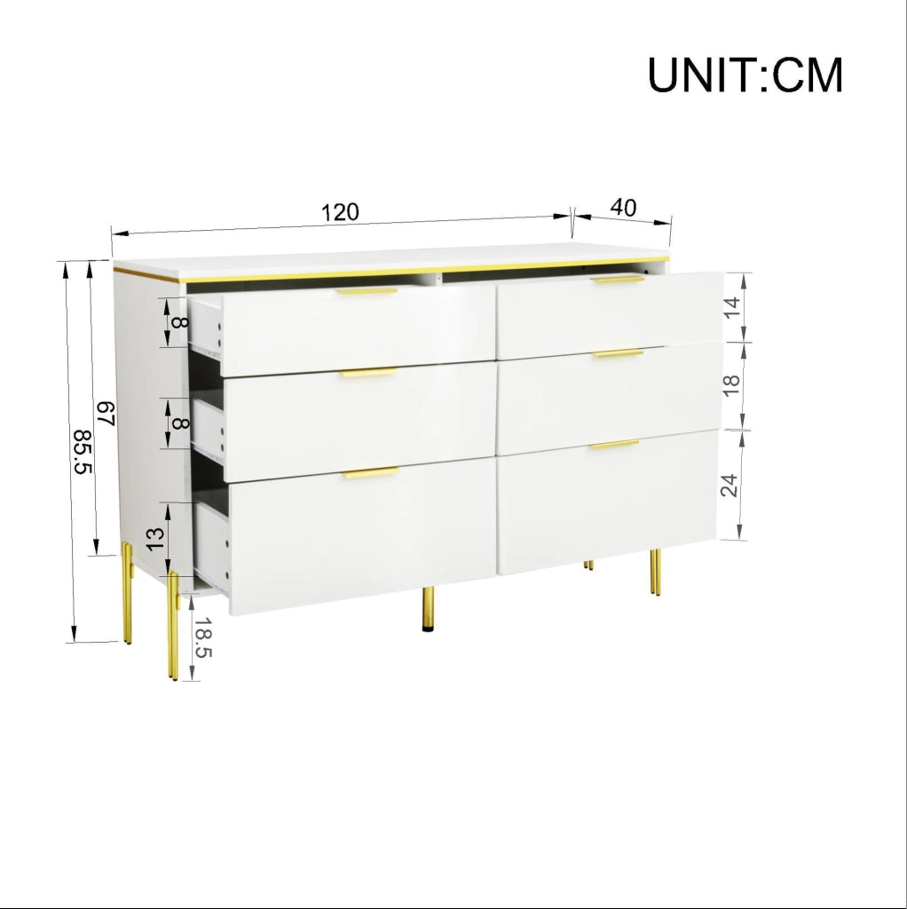 Credenza moderna 120 cm bianca e oro con 6 cassetti