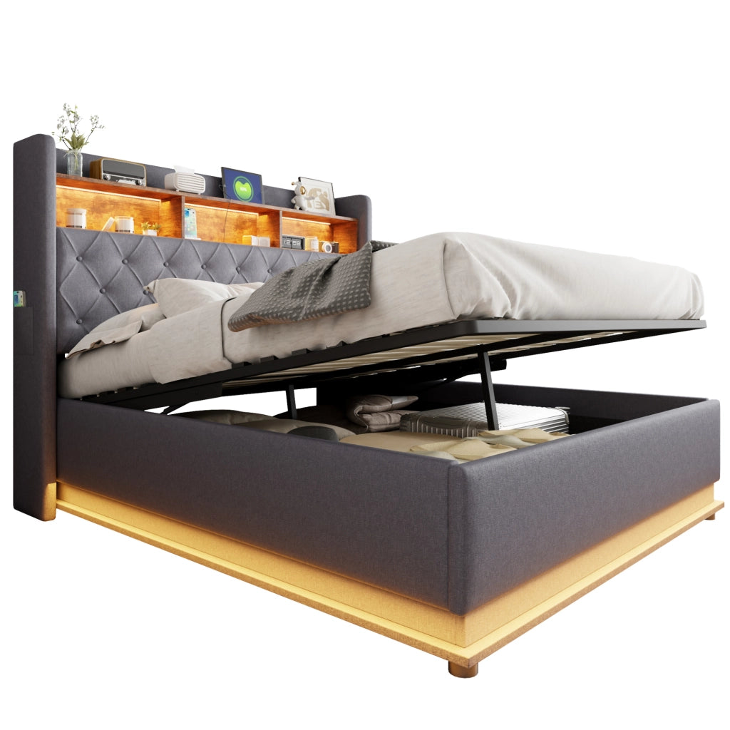 Letto imbottito LED 160x200 cm con USB e vano contenitore