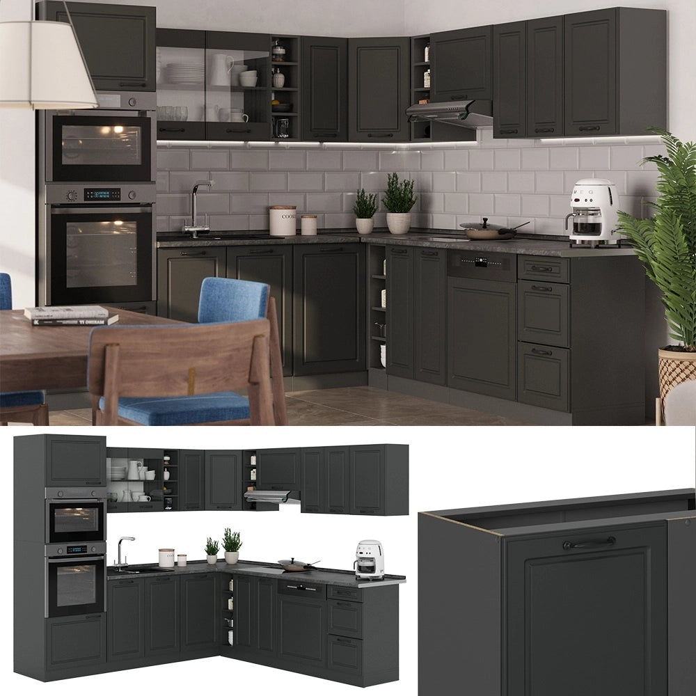 Cucina angolare completa R-Line Antracite rustico/Antracite 247 x 237 cm, PL Marmo Vicco