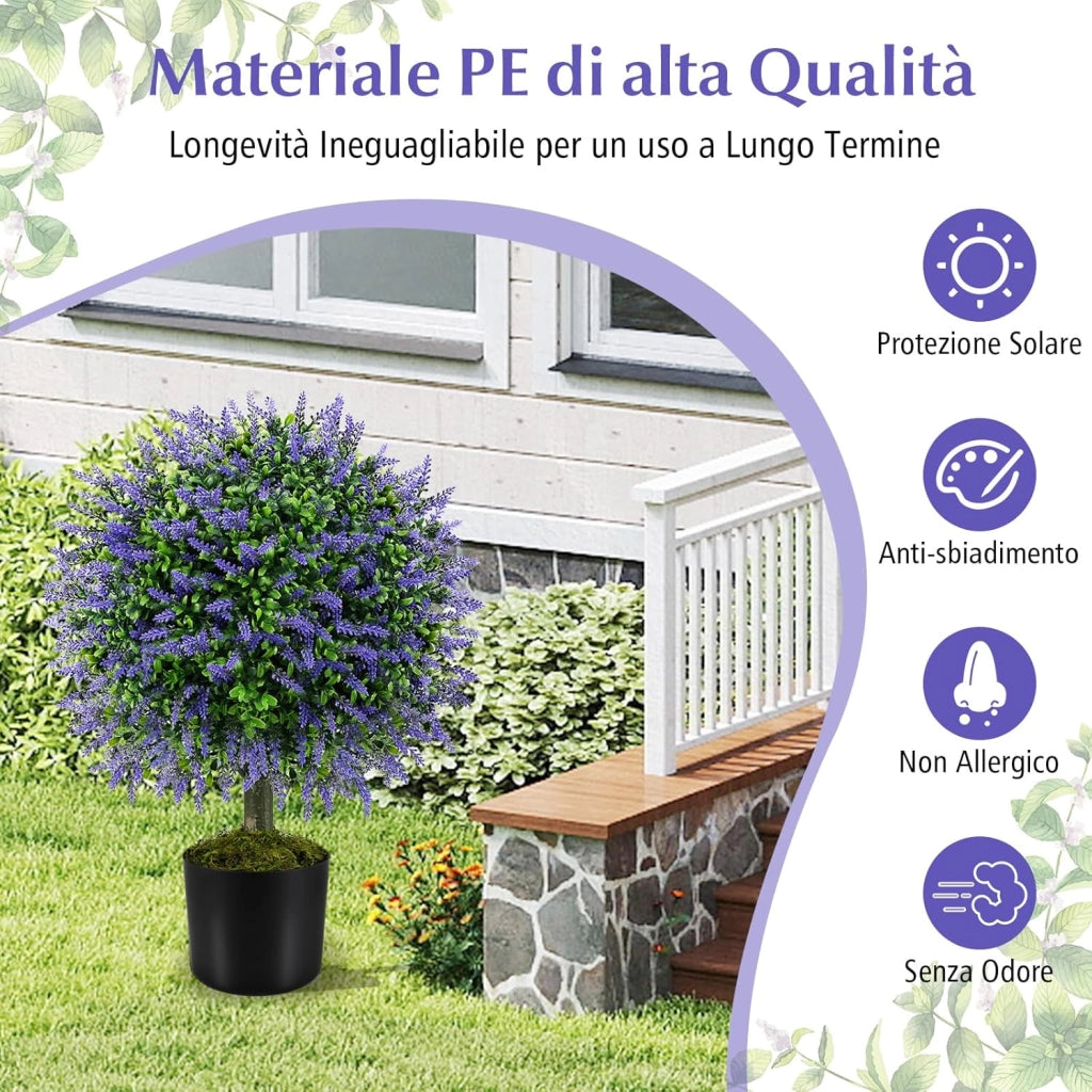 Set di 2 Alberi di Topiario Artificiale con Lavanda, Albero di Bosso Finto da 58 cm con Vaso Riempito di Cemento, Pianta Finta Resistente al Sole per Interni ed Esterni