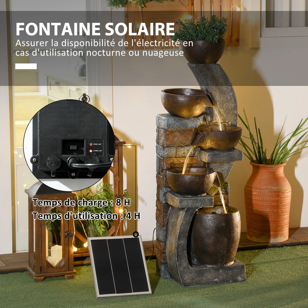 Fontana da Giardino 5 Livelli con Luce LED e Pannello Solare ¨C Zephmum ¨C Resina Grigio e Marrone