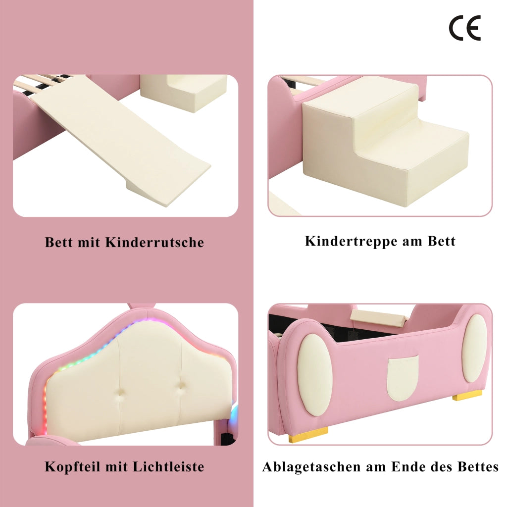 LETTO imbottito per bambini 90x200 cm PU rosa e beige con LED, scivolo e scala