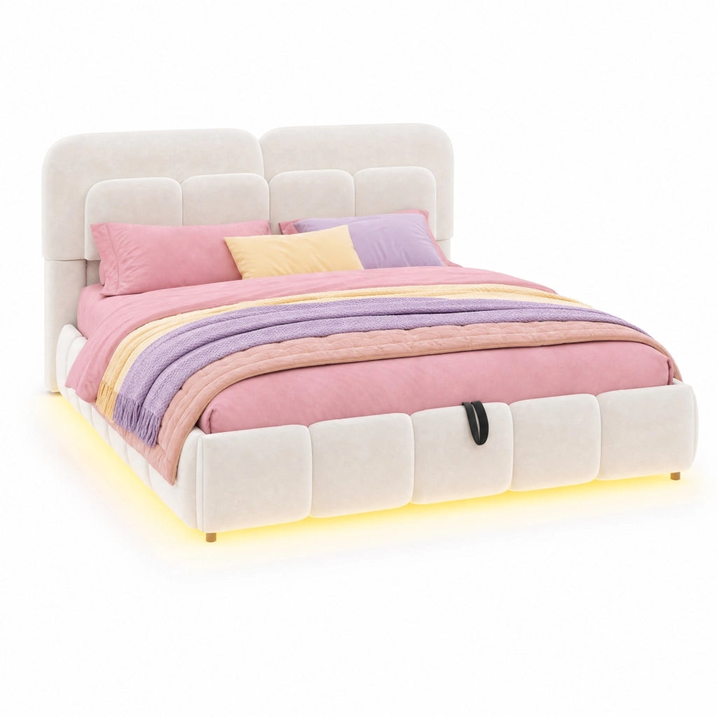 Letto contenitore matrimoniale 140×200 cm con LED e testiera imbottita; senza materasso; velluto; beige