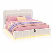 Letto contenitore matrimoniale 140×200 cm con LED e testiera imbottita; senza materasso; velluto; beige