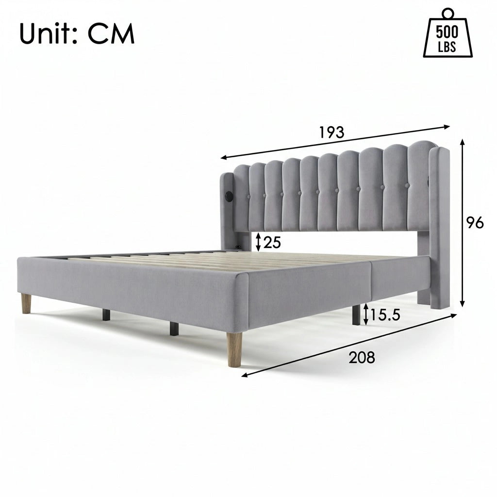 Letto matrimoniale imbottito – 180x200 cm – USBC rete a doghe – lino grigio
