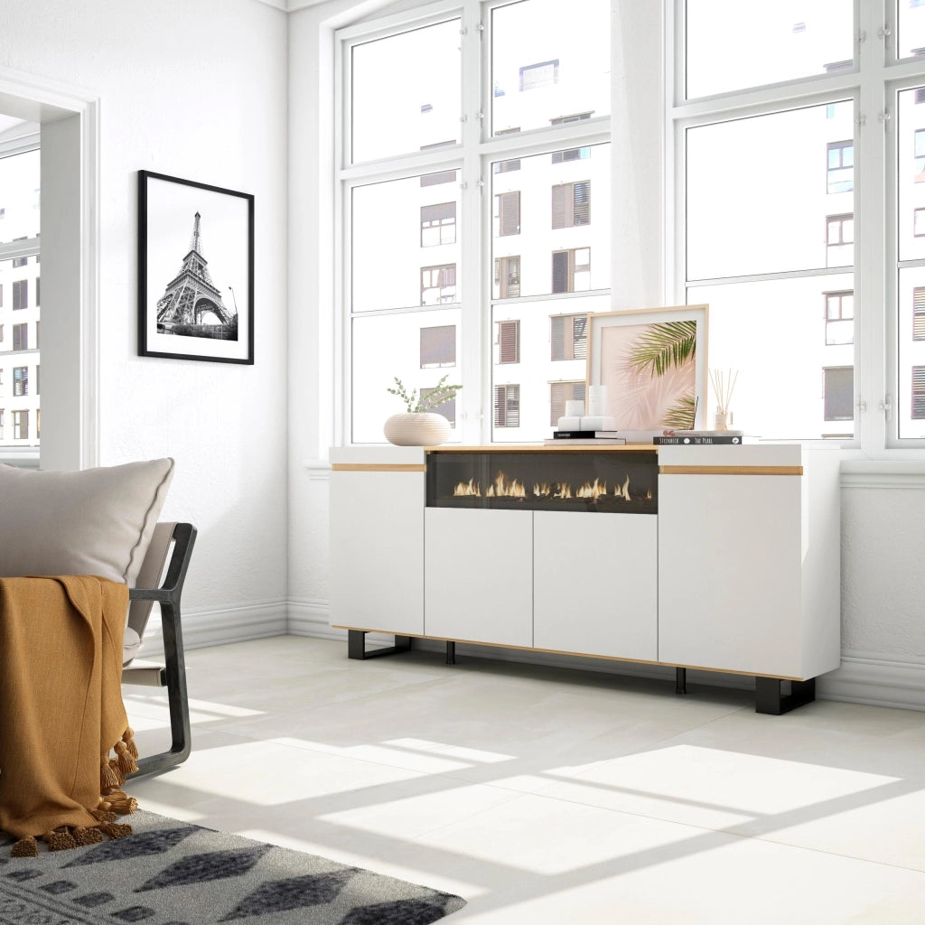 Credenza, Mobile, Cucina, 200x87x35cm, 4 Porte, Camino elettrico, Design industriale, Bianco e Rovere soft