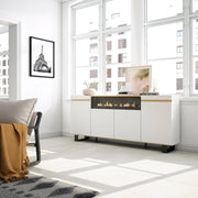 Credenza, Mobile, Cucina, 200x87x35cm, 4 Porte, Camino elettrico, Design industriale, Bianco e Rovere soft