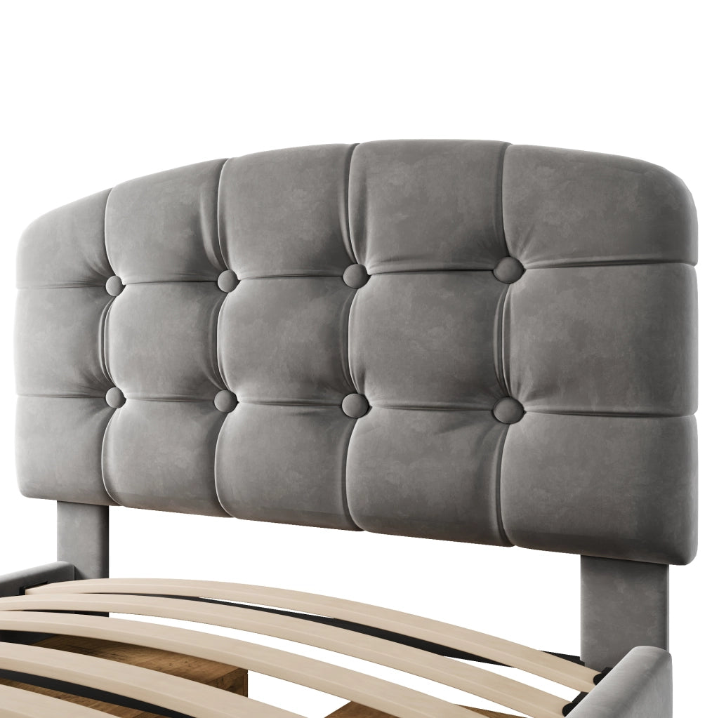 Letto singolo 90x200 cm con cassetti e vano contenitore; velluto grigio