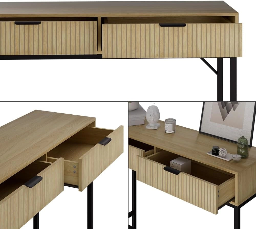 Tavolo consolle Lennox, Rovere, 100 x 75 cm con 2 cassetti, adatto per riporre riviste e telecomandi