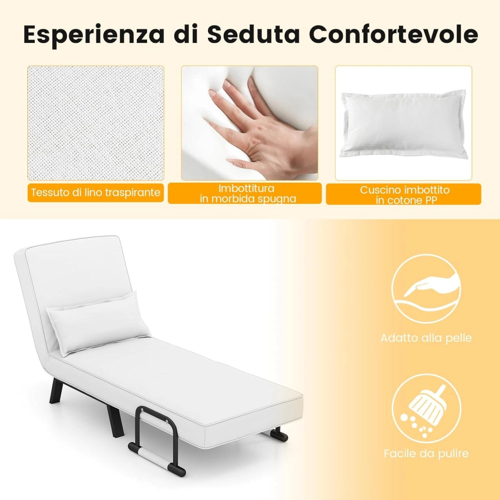 4 in 1 Poltrona Letto Singolo, Poltroncina Pieghevole con Schienale Regolabile in 6 Posizioni, Sedile Imbottito Robusto, Divano Letto per Casa Ufficio, 79x65x79 cm (Bianco)