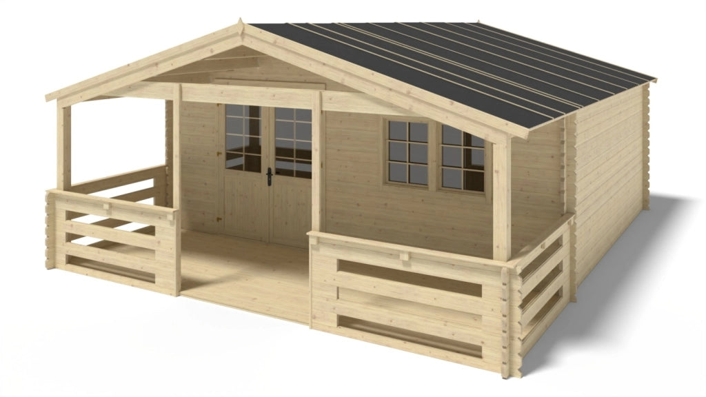 Casetta da giardino in legno con veranda e tettoia - 42m2 - 6x5m - 40mm - colore: naturale - DOM747+DOM553+DOM555+POD04 - ALTANKA