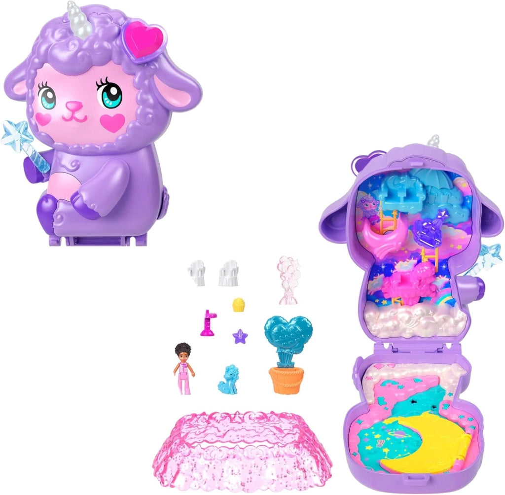 Polly Pocket - Cofanetto Sogni d`Oro, set portatile a forma di agnellino con una microbambola e un unicorno, nove access