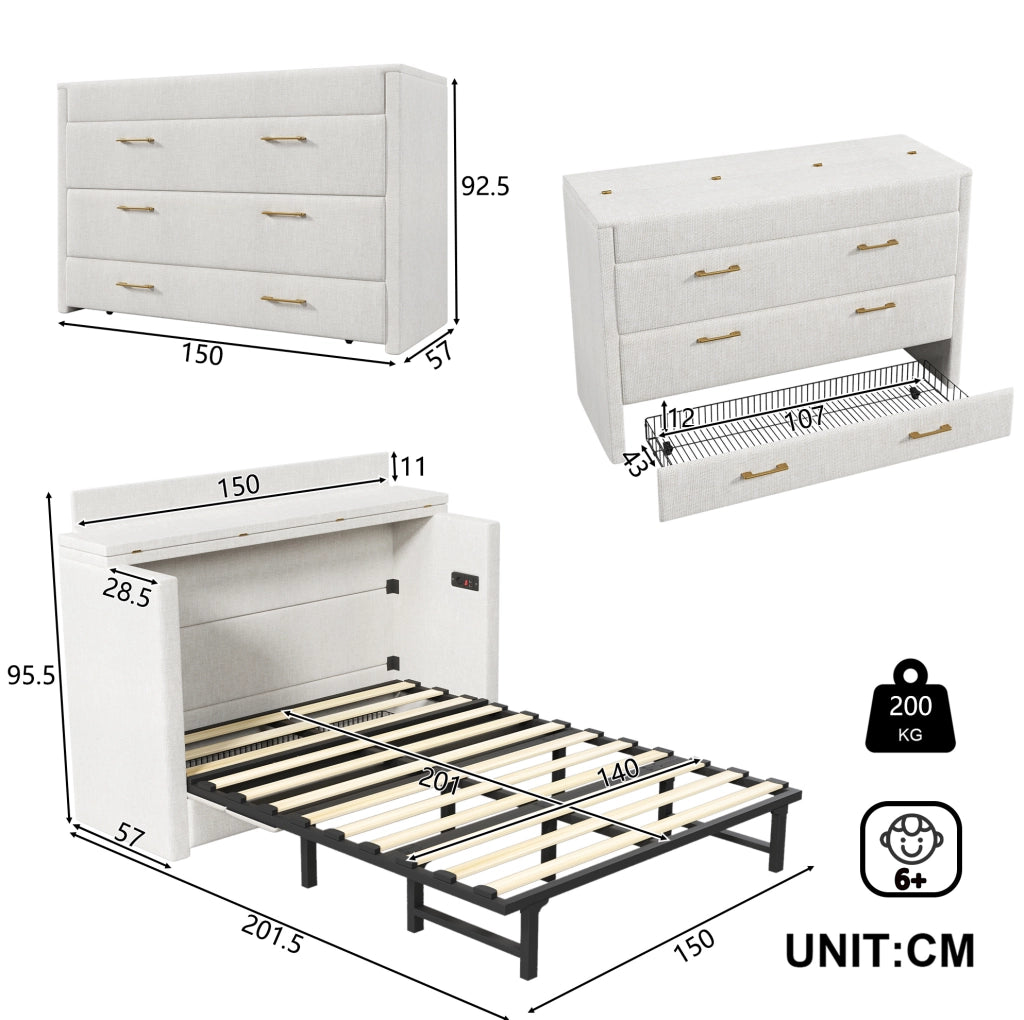 Letto a scomparsa mobile 140x200 cm beige con USB