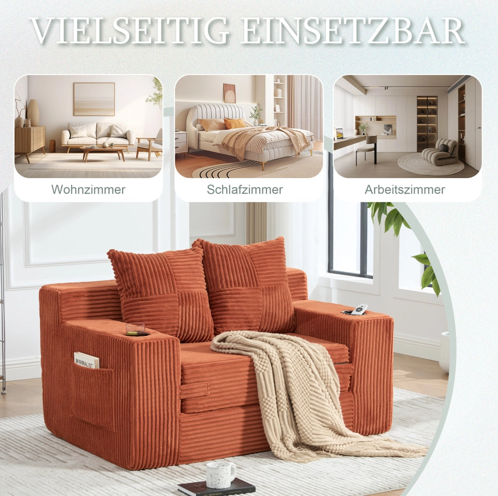 Pouf divano in corduroy arancione con tasche laterali; 151x133x64 cm