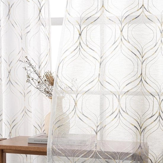 Gordini trasparenti con anelli a ingranaggio motivo a riquadri 2 pezzi 260 x 140 cm bianco e grigio per camera da letto e soggiorno