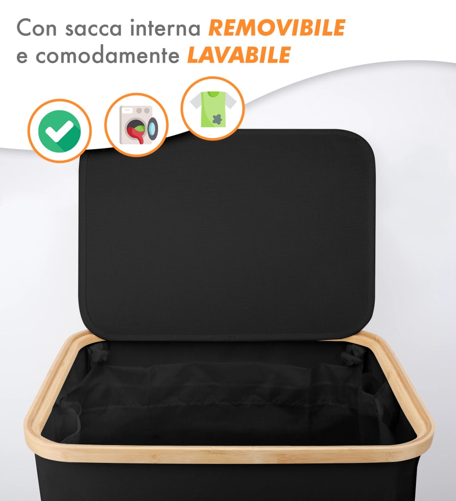 Cesto Portabiancheria Con Coperchio Cesta Bucato 100L Con Sacco Interno Removibile Tessuto Oxford Manici In Bambù Pieghevole Grande Biancheria Sporca - Nero