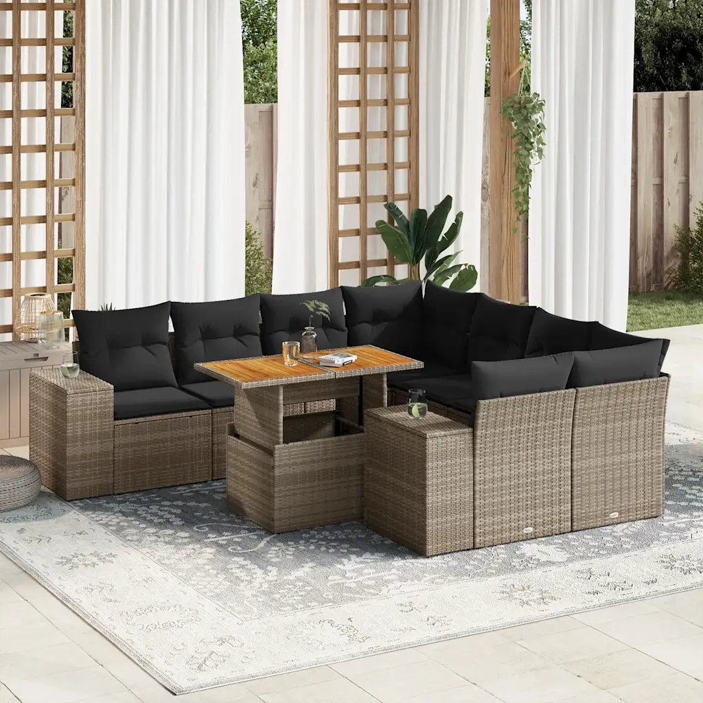 Set Divano da Giardino 9 pz con Cuscini Grigio in Polyrattan 3327357