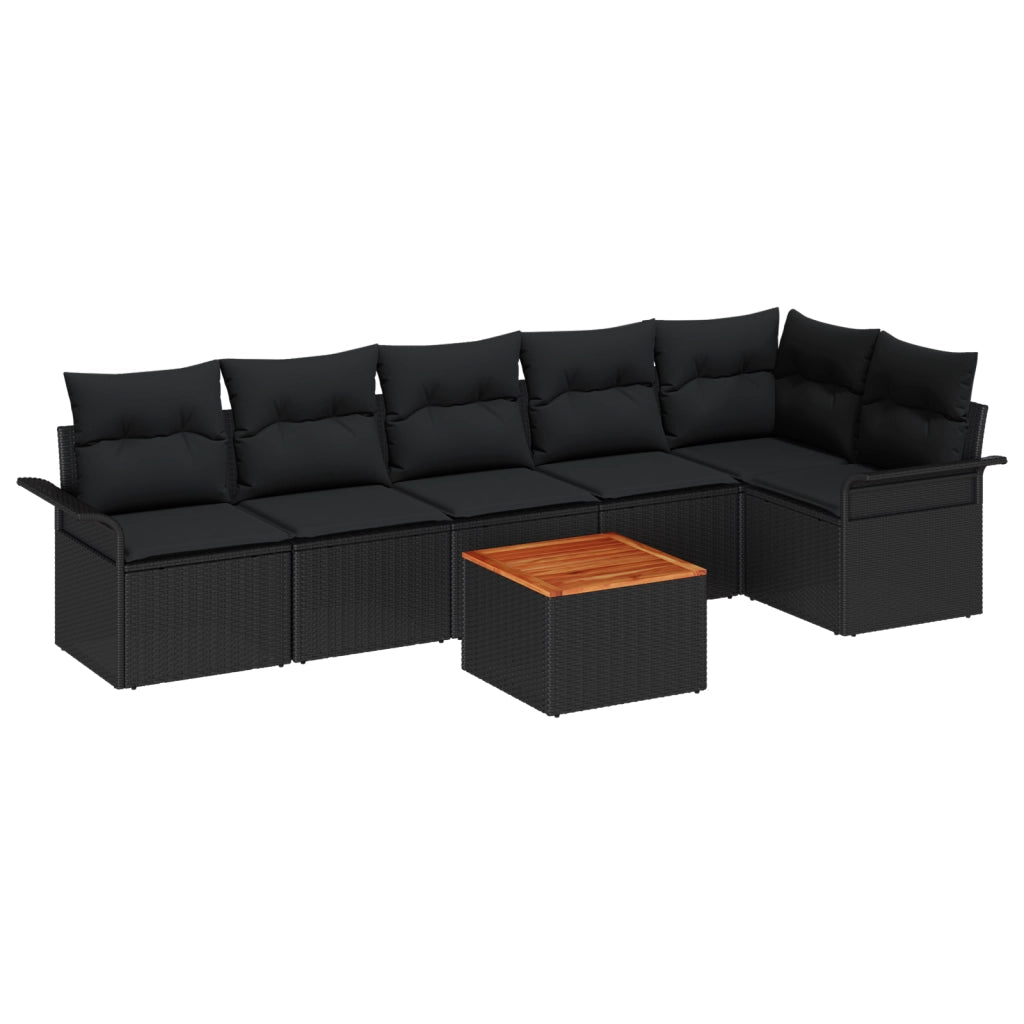 Set Divano Giardino 7 Pezzi con Cuscini Nero Rattan Polimerico Acacia