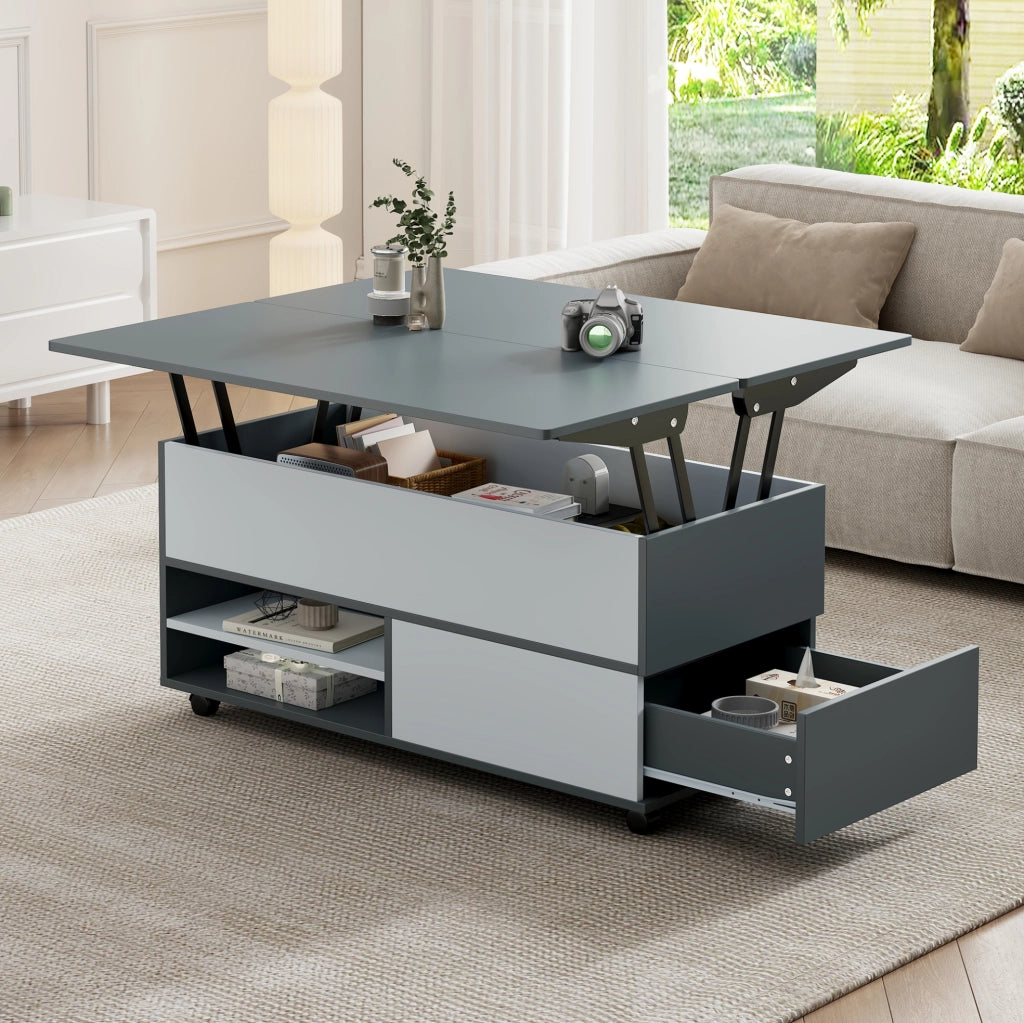 Tavolino da caffè sollevabile 100 x 98 x 65 cm in truciolare grigio e bianco; con ruote e contenitore