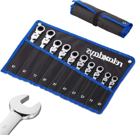 Set di chiavi 10 pezzi con testa inclinabile - 10-19 mm, borsa nera per DIY e meccanici.