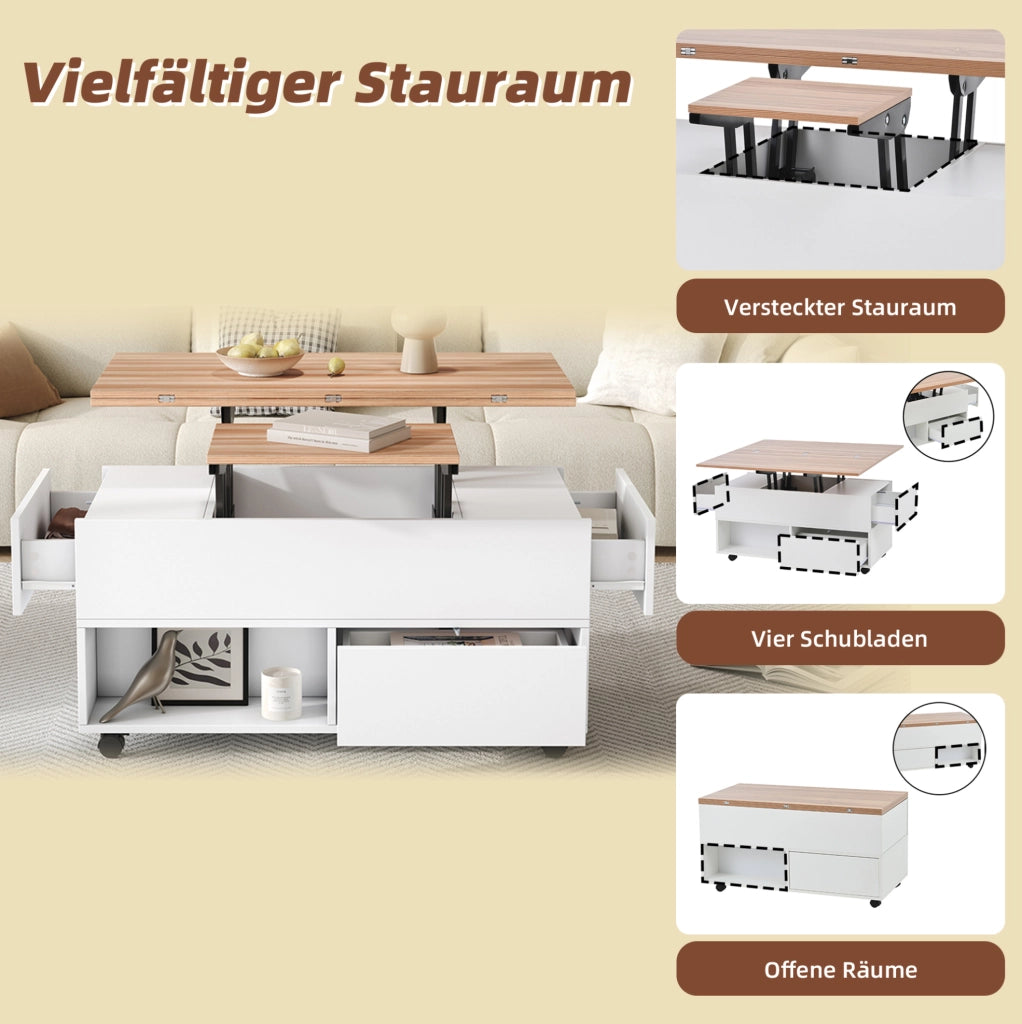 Tavolino elevabile con ruote e 4 cassetti bianco rovere