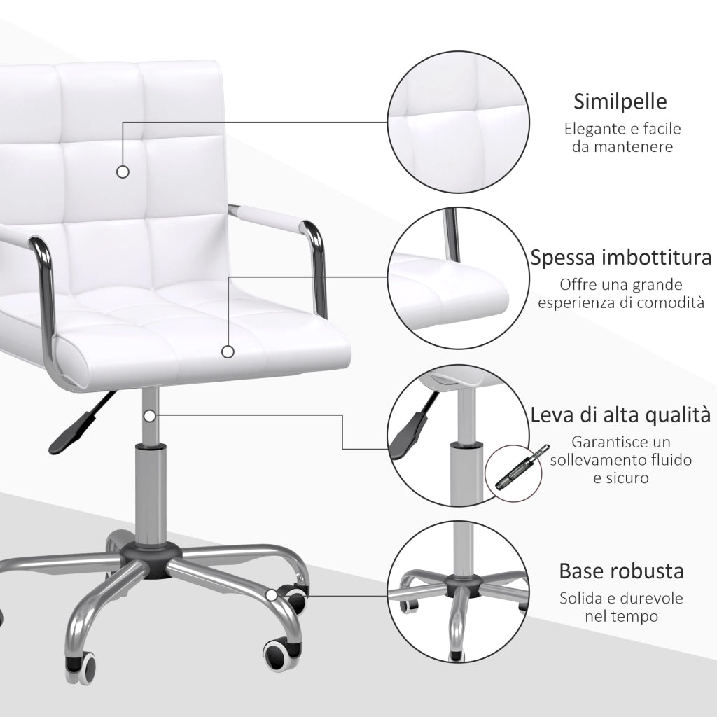 EasyComfort Sedia da Ufficio in pelle PU Bianca con 5 Ruote Girevoli, Imbottitura e Altezza Regolabile, 52.5x54x84-99cm