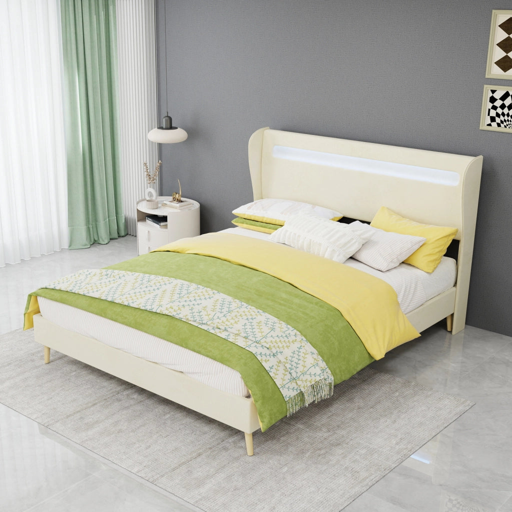 Letto imbottito con testiera regolabile e LED multicolore; 140 x 200 cm; beige
