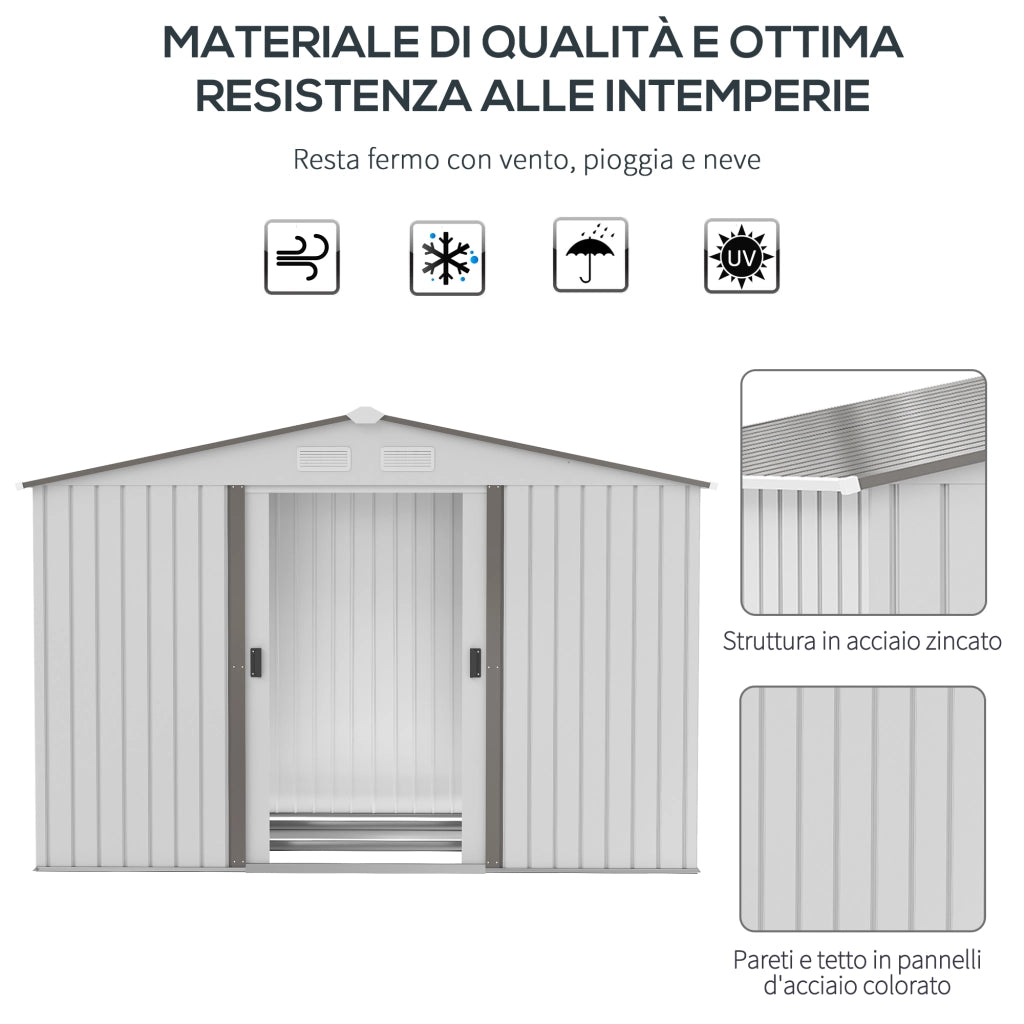 EasyComfort Casetta da Giardino in Lamiera d'Acciaio con Doppie Porte Scorrevoli, 277x195x192cm, Argento
