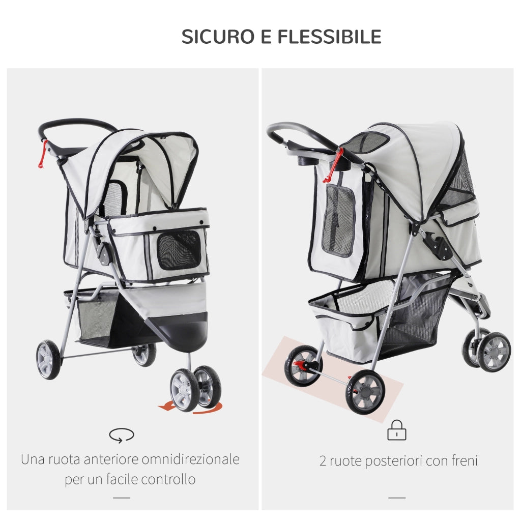 EasyComfort Passeggino per Cani Pieghevole con Portabicchieri e Cestino, in Acciaio e Poliestere, 75x45x97 cm, Grigio