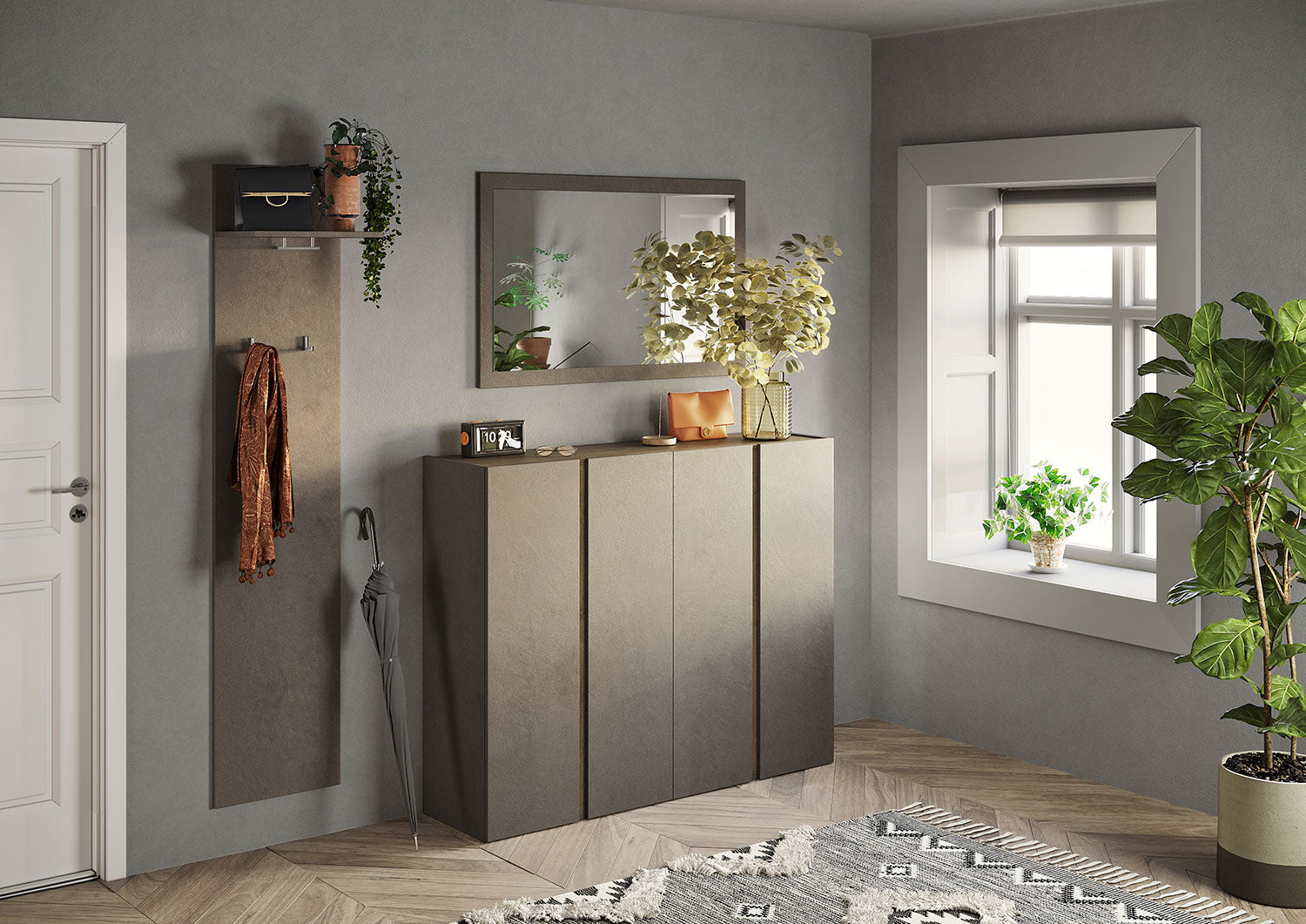 Mobile Multiuso 4 Ante con 10 Ripiani 140x35x111 cm Frame Bronzo e Mercure